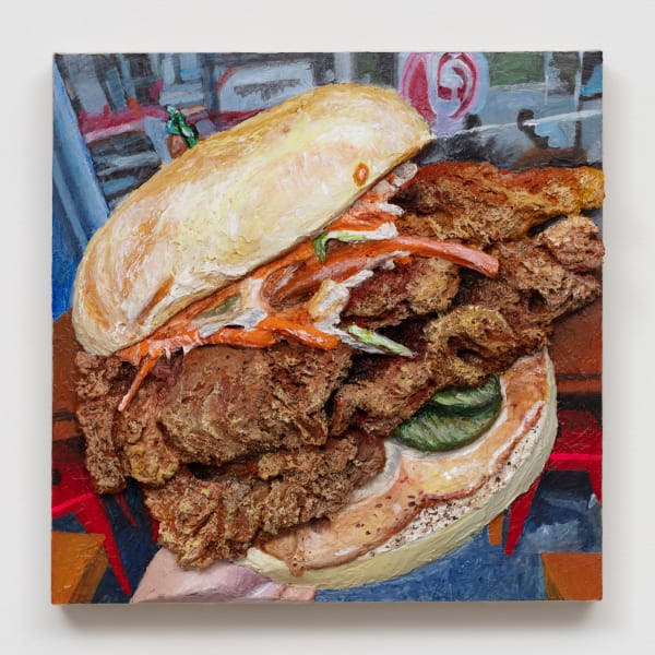 Gina Beavers Seoul Bistro Fire Burger, 2020 Acrylic on linen on panel 16 x 16 x 4 in 40.6 x 40.6 x 10.2 cm