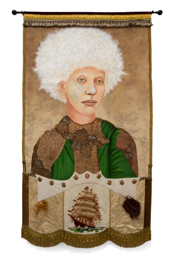 Lezley Saar Illumination of a capsized sun, 2021 Acrylic and mixed media on fabric banner 81 x 45 in 205.7 x 114.3 cm