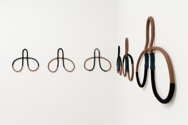 Anna Sew Hoy Who takes care of who, 2015 Stoneware, flocking and denim 21 2/8 x 17 1/2 x 1 ins 53.98 x 44.45 x 2.54 cm