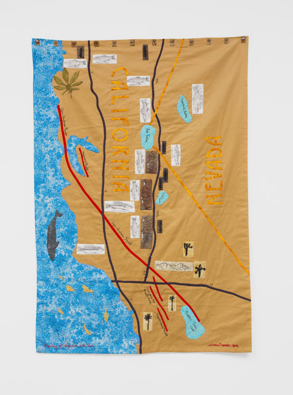 Jessie Homer French Mapestry of California with Fish, 2016 Fabric, fabric paint, thread and hardware 54 1/2 x 36 ins 138.43 x 91.44 cm