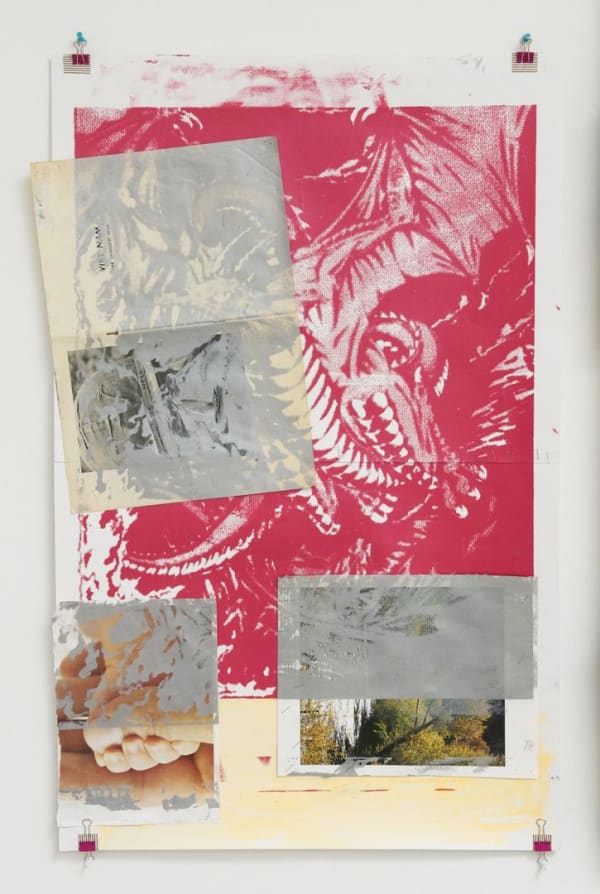 Jim Drain Dragon Collage, 2015 Acrylic, silkscreen, magazine, and staples on paper 37 1/2 x 24 ins 95.25 x 60.96 cm