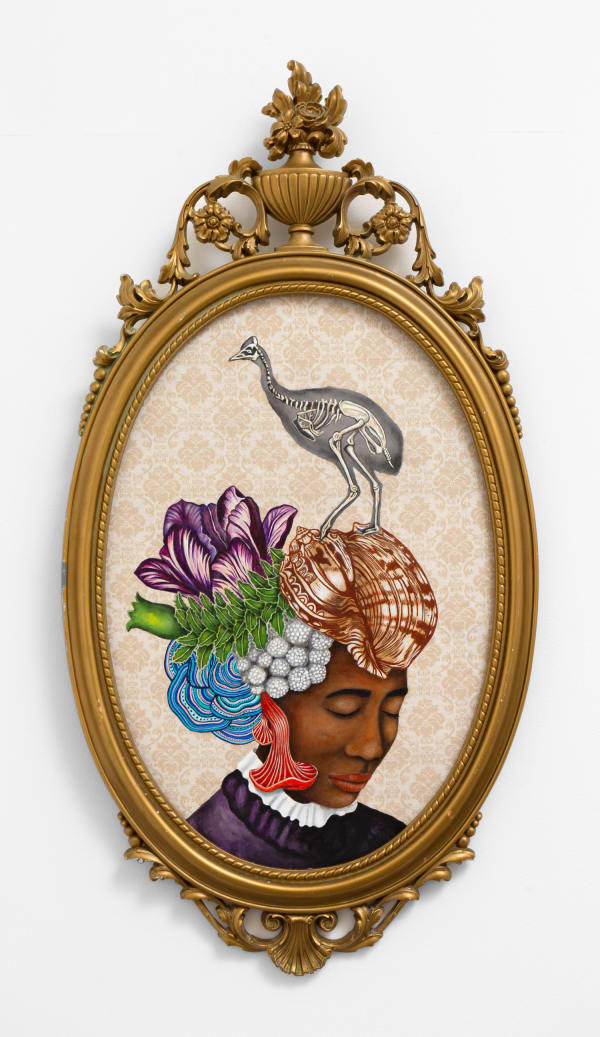 Lezley Saar They have blossomed from the lands of death, These flowers which a long-wrought dream has poured, 2021 Acrylic on fabric on board in found Syroco frame 31 x 16 in 78.7 x 40.6 cm