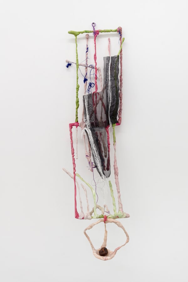 Julien Creuzet Fenêtre doucement funeste, funeste, oligo-éléments vers firmament. Je t’aime tellement, tellement au loin. Les fruits sont de toi, rassis, rabougri, thanol, 2021 Plastic, metal, fabric, seam 51 1/8 x 15 3/4 x 15 3/4 in 130 x 40 x 40 cm