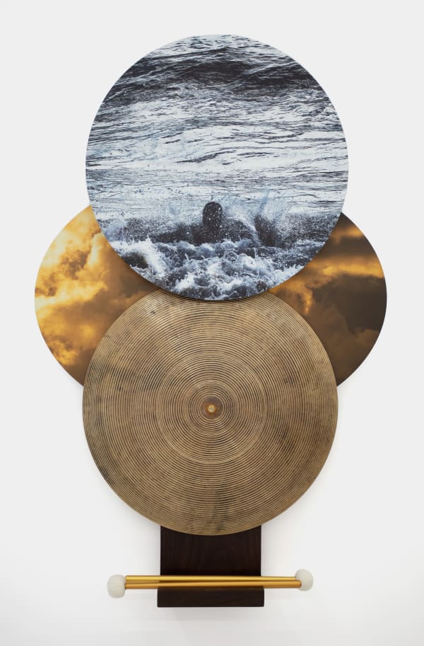 Glen Wilson Element Series No. 3 (Interstice), 2022 Archival print on dibond, jazz flat cymbal, timpani mallets, solid walnut base 42 x 28 x 6 in 106.7 x 71.1 x 15.2 cm