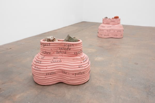 Anna Sew Hoy Coupled Aspiration, 2021 Fired clay and glaze, sand, brick, glass, sandstone, slate, tourmaline conglomerate, denim, leather Each 21 x 24 x 13 1/2 in Each 53.3 x 61 x 34.3 cm