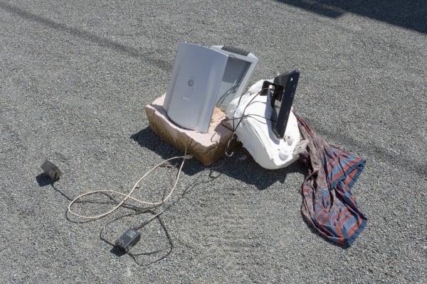 Anna Sew Hoy Accumulation Entropy I, 2019 Scanner, cassette tape, phone dock and player, plaster, plastic, weather Dimensions Variable