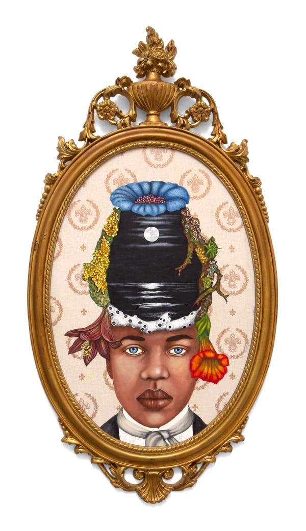 Lezley Saar The lilies have squandered the whole dark hoard of the lovely garden pounded by the sea, 2021 Acrylic on fabric on board in found Syroco frame 31 x 16 in 78.7 x 40.6 cm