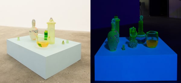 Lena Daly Charger Set, 2016 Uranium glass, UV-reactive paint, wood pedestal and UV-reactive water 20 1/2 x 24 x 30 ins 52.07 x 60.96 x 76.2 cm