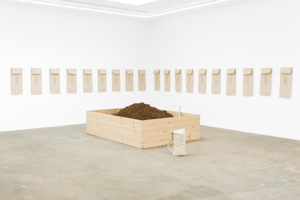 Newton and Helen Harrison On Making Earth, 1970-ongoing Manure, soil, worms, wood, and burlap sacks from the "Revered Earth" (1990) exhibition at CAM Houston Dimensions variable