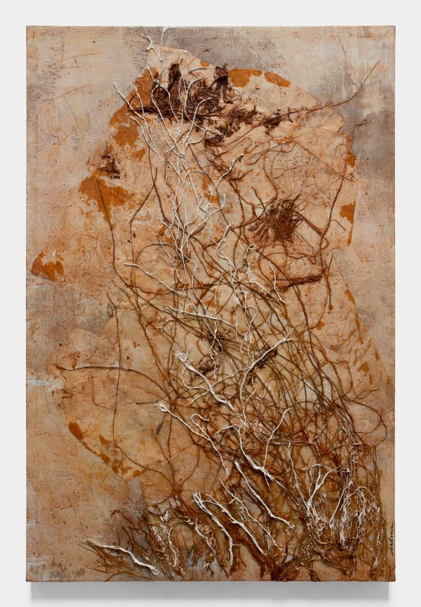 Salma Arastu Mycelial Flow-II, 2021 Rust, rope, paper, palm fiber, and acrylic on canvas 36 x 24 in 91.4 x 61 cm
