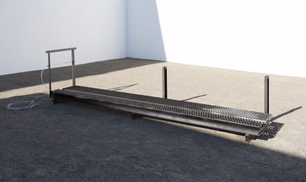 Ian Markell The View From My Window, printed circa 2011, 2016 Hot rolled steel, Grip Strut Walkway, enamel paint, stainless steel aircraft cable, various hardware 32 x 130 x 54 ins 81.28 x 330.2 x 137.16 cm