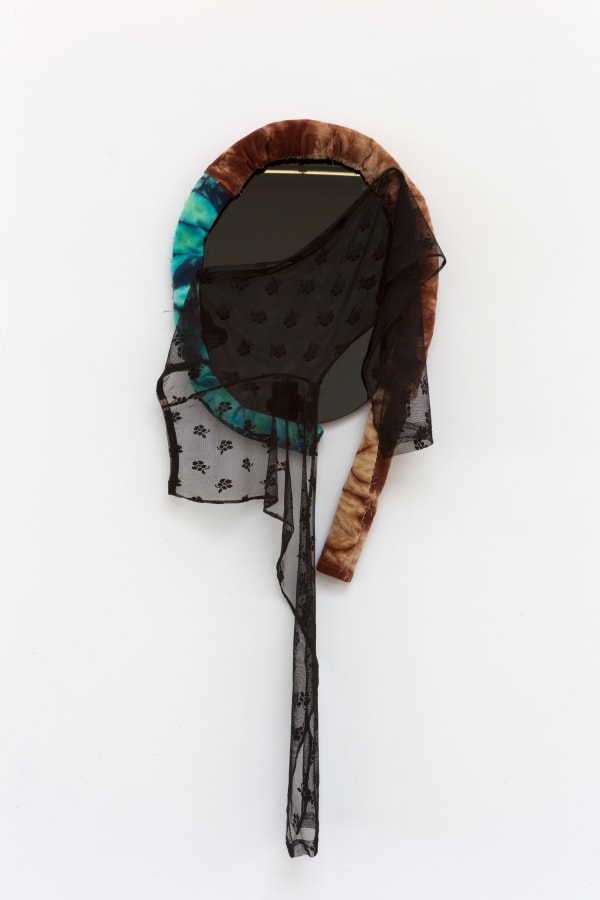 Anna Sew Hoy Thrown Shade I, 2019 Black mirror, dyed denim, corduroy, and lace 47 x 17 1/2 x 5 ins 119.38 x 44.45 x 12.7 cm