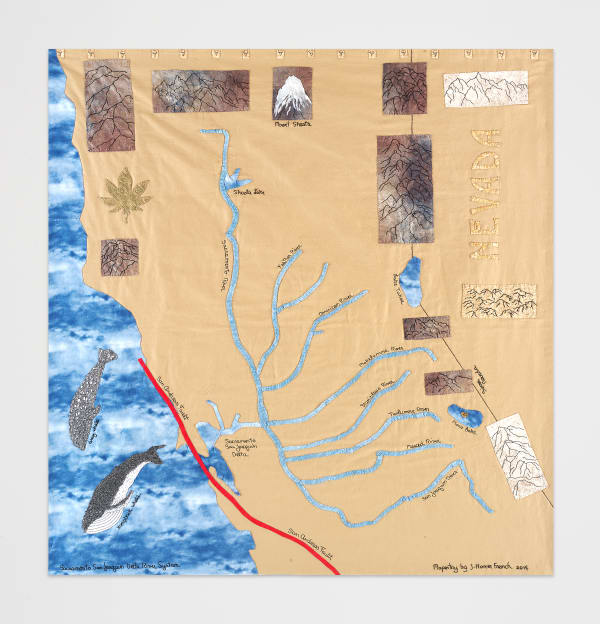 Jessie Homer French Sacramento San Joaquin Delta River System, 2014 Fabric, thread, fabric paint and pens 51 x 53 ins 129.54 x 134.62 cm