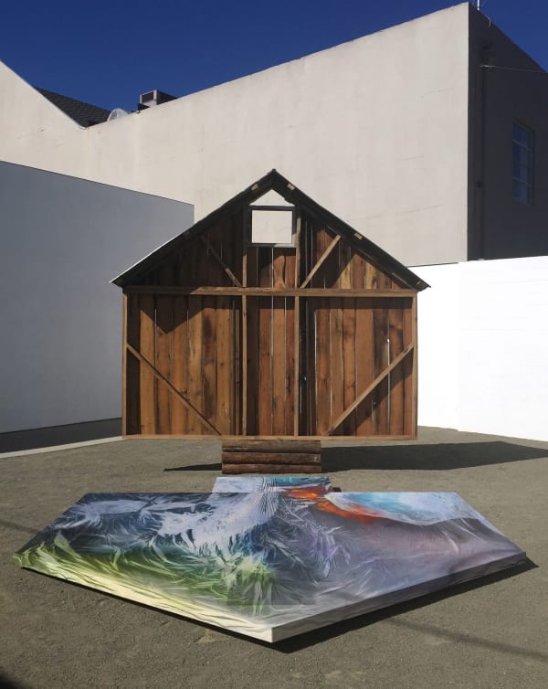 April Street Portrait of a Barn: 1840-2015, 2015 reclaimed 1840-1920 barn wood, tin, steel, bronze, acrylic, hosiery, canvas Dimensions Variable