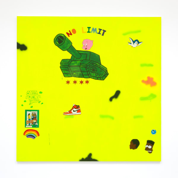 David Leggett Memorial day weekend, 2018 Acrylic, collage, spray paint, and felt on canvas 84 x 84 ins 213.36 x 213.36 cm