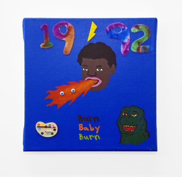 David Leggett Nature has an order. I asked him for mercy, he gave me a gun, 2018 Acrylic, felt, and collage on canvas 12 x 12 ins 30.48 x 30.48 cm