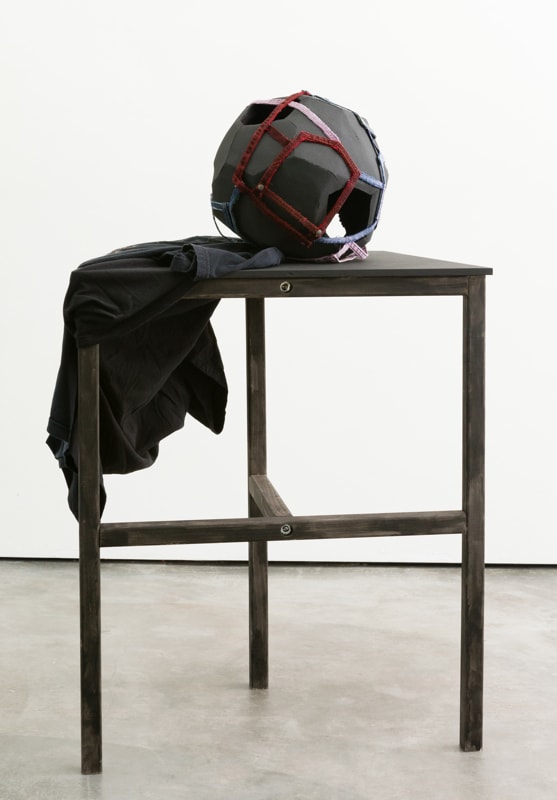 Anna Sew Hoy Insomnia, 2013 Stoneware, neoprene, flocking, jeans, t-shirt and wood 45 1/2 x 28 1/2 x 18 ins 115.57 x 72.39 x 45.72 cm