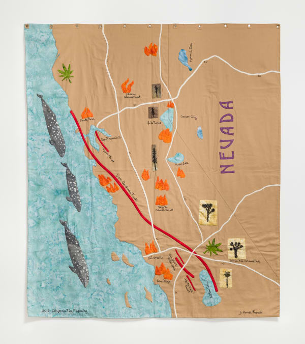 Jessie Homer French 2016 California Fire Mapestry, 2016 Fabric, fabric paint, thread and pen 60 x 51 ins 152.4 x 129.54 cm