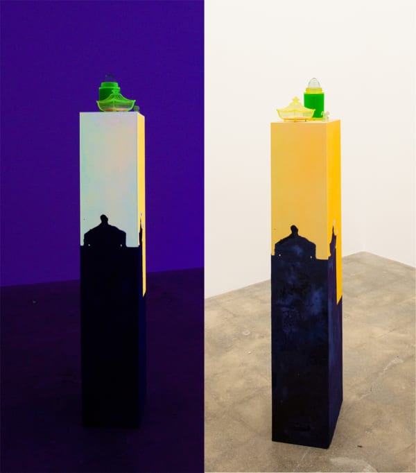 Lena Daly Wave Frequency, 2016 UV-reactive paint, wood pedestal, phosphorescent powder, UV-reactive flock, UV-reactive water and uranium glass 52 x 11 x 8 ins 132.08 x 27.94 x 20.32 cm