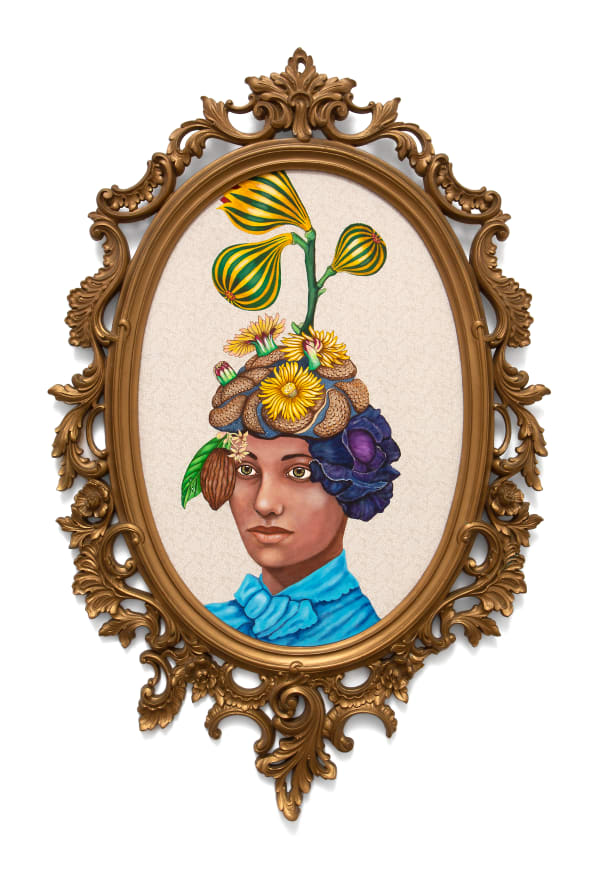 Lezley Saar O stems behold the night offering, 2021 Acrylic on fabric on board in found Syroco frame 31 x 20 in 78.7 x 50.8 cm