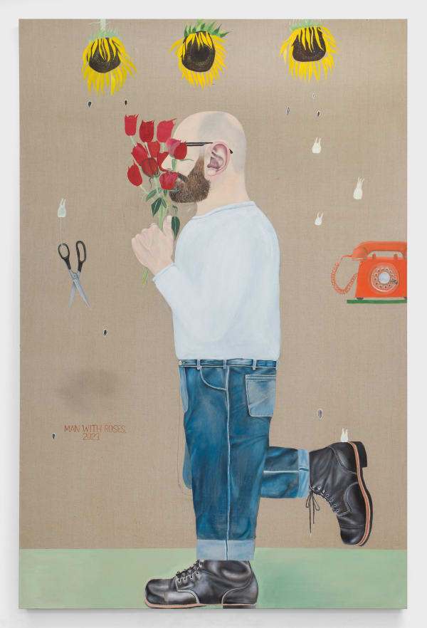 Michael Hilsman Man With Roses, 2023 Oil on linen 88 x 58 in 223.5 x 147.3 cm