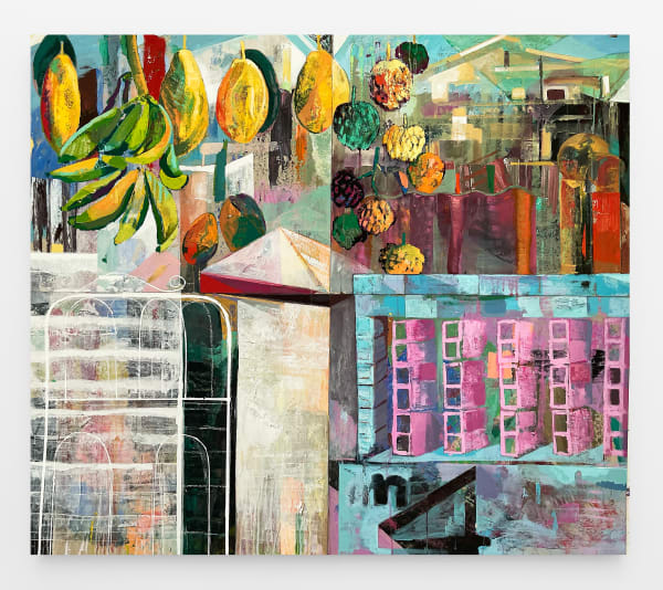 Che Lovelace Makeshift Fruit Stall at no.4, 2021 Acrylic paint and dry pigments on board panels 50 x 60 in 127 x 152.4 cm