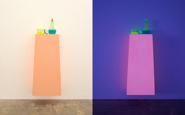 Lena Daly Instrument, 2016 UV-reactive paint, phosphorescent powder, flock, UV-reactive water, uranium glass and wood pedestal 53 6/8 x 20 x 9 ins 136.53 x 50.8 x 22.86 cm