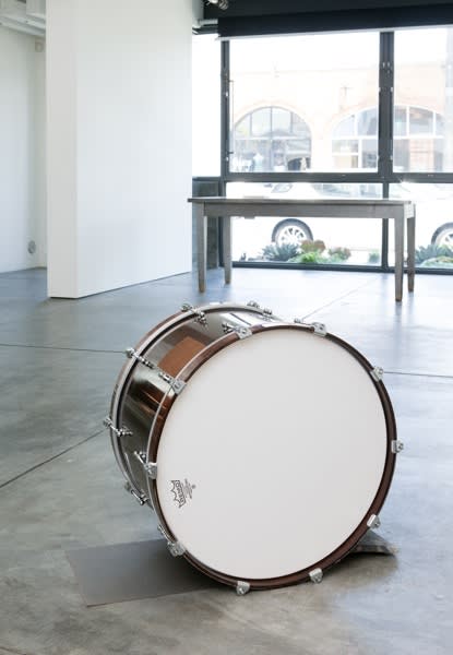Helen Mirra Birdhouse, 2009 Bass drum, roof tile, washi 23 1/8 x 31 1/8 x 16 1/8 ins 58.93 x 78.99 x 40.89 cm