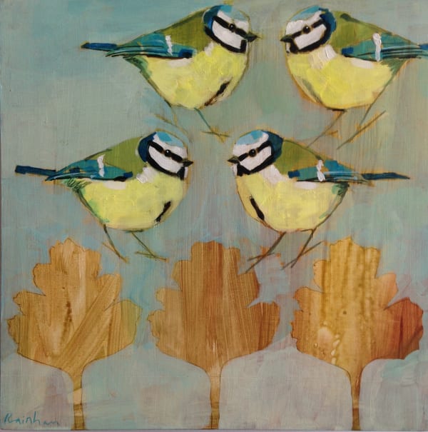 Christopher Rainham, Four Blue Tits on Hawthorn Leaves