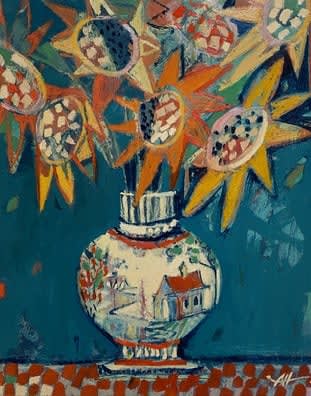 Anna Hymas, Sunflowers in Willow Vase