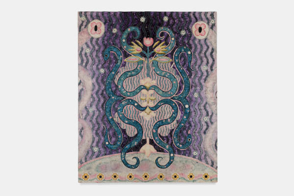 Omar Mendoza Espejo de agua - Water Mirror, 2025 Mayan blue, mayan green, indigo blue, brazilian wood, mexican honeysuckle, jonote, zacatlaxcalli, kina, charcoal and turmeric on handmade cotton surface. 63 x 51 1/8 inches 160 x 130 cm