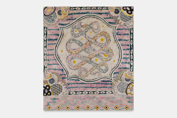 Omar Mendoza Cantares - Songs, 2025 Mayan blue, mayan green, indigo blue, brazilian wood, mexican honeysuckle, zacatlaxcalli, kina, charcoal, turmeric, beet, alder and beeswax on handmade cotton surface. 45 1/4 x 39 3/8 inches 115 x 100 cm