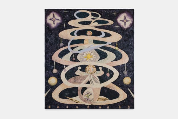 Omar Mendoza Camino a casa - The Way Home, 2025 Mayan blue, mayan green, indigo blue, brazilian wood, mexican honeysuckle, jonote, zacatlaxcalli, kina, charcoal, turmeric and beeswax on handmade cotton surface. 78 3/4 x 70 7/8 inches 200 x 180 cm