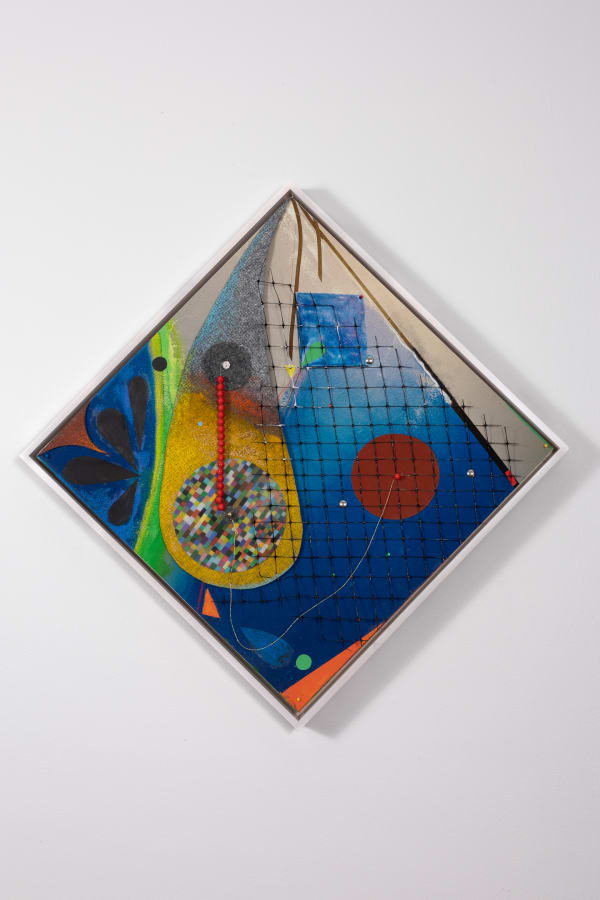 Carl E. Hazlewood BlackHead Anansi at Sea, 2022 Polyester, plastic mesh, acrylic, canvas, pigment ink, Hahnemuhle paper, oil pastel, map pins, push pins, plastic jewelry 20 x 20 inches 50.8 x 50.8 cms