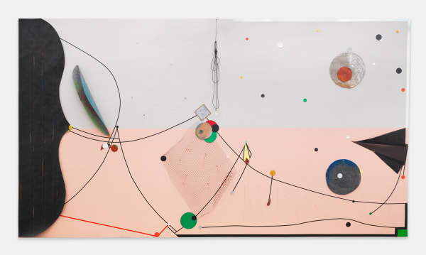 Carl E. Hazlewood BlackHead Anansi Constellations, 2022 polyester, vinyl tape, push pins, map pins, oil pastel, mesh, metallic cord, and pigment ink. 154 x 277 x 5 1/2 inches 391.2 x 703.6 x 14 cms