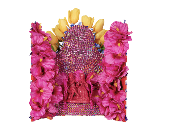 Renluka Maharaj Packaged Paradise, 2023 Wood, acrylic paint, acrylic and silk flowers, rhinestones, acrylic skin with pigmented ink print, ceramic figurine, broken ceramic plate. 23 1/2 x 21 1/2 x 6 1/2 inches 59.7 x 54.6 x 16.5 cms