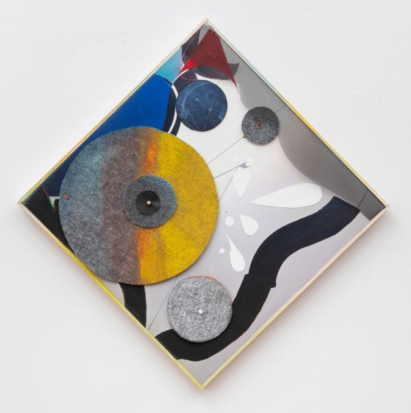 Carl E. Hazlewood BlackHead Ride Around the Sun, 2022 Polyester, acrylic, plastic mesh, pigment ink, Hahnemuhle and other papers, oil pastel, map pins, push pins 20 x 20 inches 50.8 x 50.8 cms