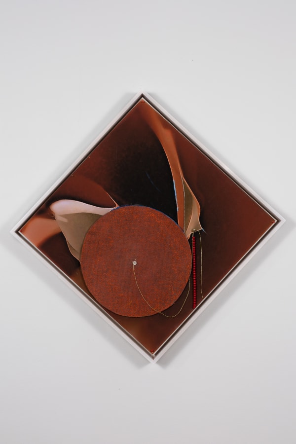 Carl E. Hazlewood Brown Skin, 2022 Polyester, acrylic, pigment ink, Hahnemuhle paper, oil pastel, push pins, metallic cord, plastic jewelry 20 x 20 inches 50.8 x 50.8 cms