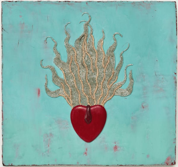 Esperanza Cortés CORAZÓN SAGRADO, 2022 Ceramic sculpture, vintage glass beads, painted embroidery, encaustic on wood 14.5 h x 14 w x 2 d inches 36.8 h x 35.6 w x 5.1 d cms
