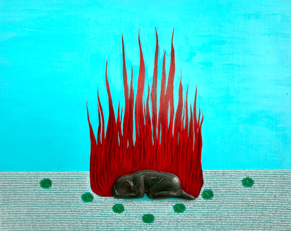 Esperanza Cortés UNSEEN, 2024 Glazed ceramic sculpture, vintage glass beads, embroidery, acrylic on wood 20 h x 16 w x 2.5 d inches 50.8 h x 40.6 w x 6.3 d cms