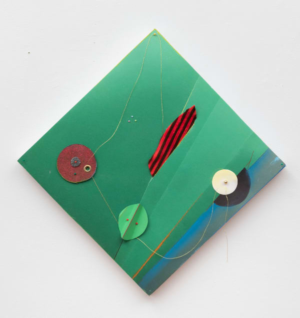 Carl E. Hazlewood Green Amazonia, 2022 Polyester, acrylic, pigment ink, Hahnemuhle and other papers, oil pastel, map pins, push pins, grommet, brads, metallic cord 20 x 20 inches 50.8 x 50.8 cms