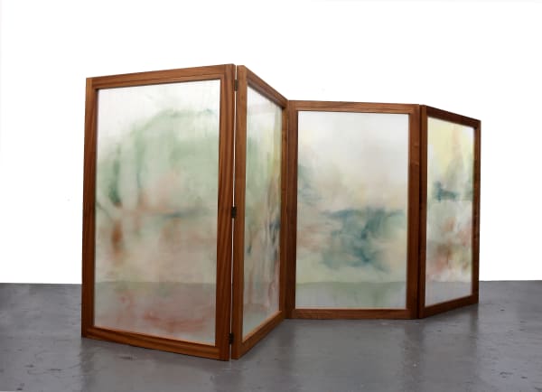 Chris Watts Ambient Painting III (Levitate), 2023 Sapele, metal fixtures, poly-chiffon, resin, acrylic, natural and artificial pigments Four panel screen; 72 x 40 inches each, 72 x 160 inches full size. 182.88 cm x 101.6 cm each, 182.88 cm x 406.4 cm full size.