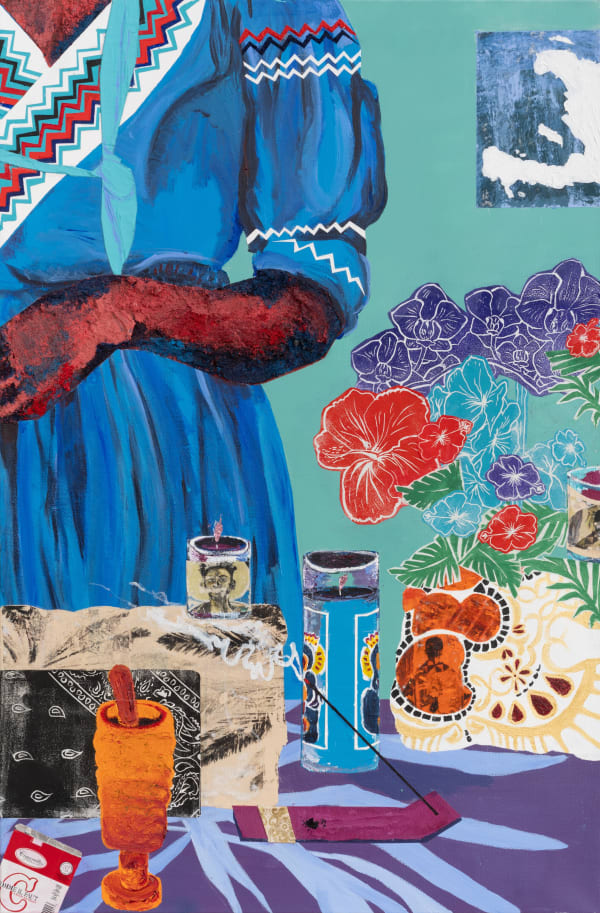 Na'ye Perez (Babylon) Perhaps After The Storm, When The Flowers Bloom, 2025 Acrylic, spray paint, sand (Haiti, NYC and Orchard Beach), gel transfers, magazine newsprint (Vibe), Lino Block print on rice paper, molding pastes, rose gold leaf, cigarette packing, tire shreds, and incense ashe 36 x 24 inches 91.4 x 61 cms