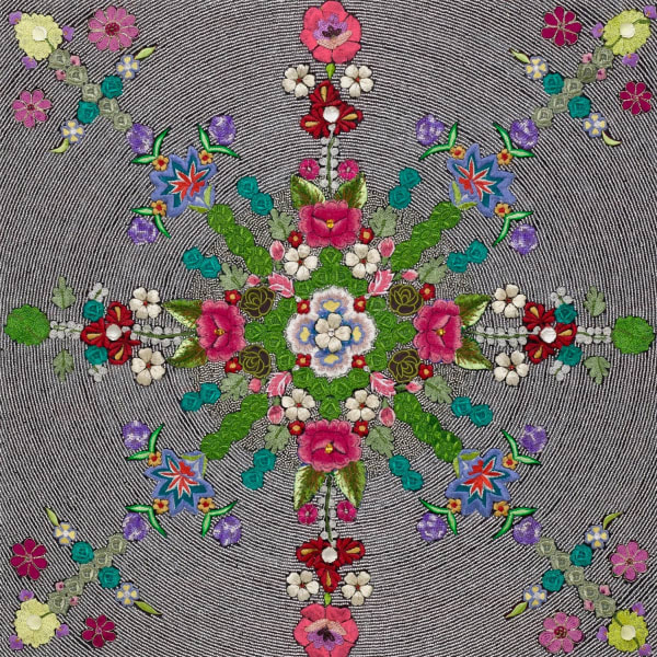 Esperanza Cortés METAMORPHOSIS, 2024 Embroidery, crystal beads, cut crystals, acrylic on wooden panel 24 h x 24 w x 2 d inches 61 h x 61 w x 5.1 d cms