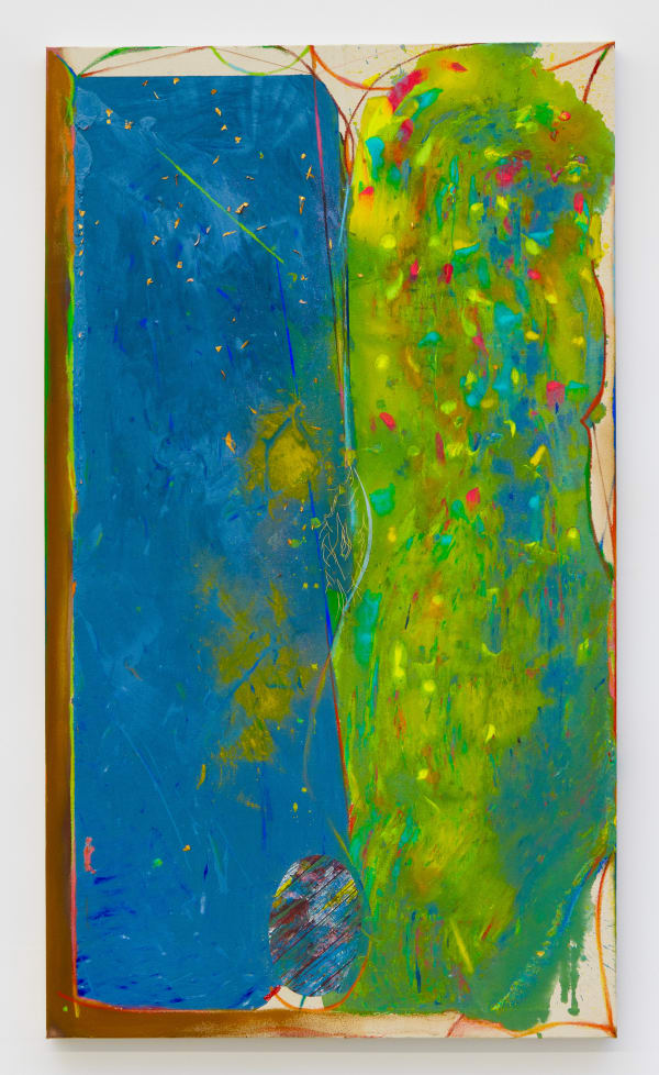 Carl E. Hazlewood BlackHead - Green Venus Birth, 2022 acrylic polymer, emulsion, powdered pigments, oil pastel, tape, gold cord, with collage on canvas 70 x 40 inches 177.8 x 101.6 cms