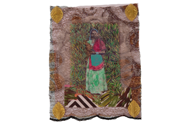 Renluka Maharaj Ela Tending the Cane, 2023 Acrylic skin, acrylic paint, acrylic gold leaves, cotton fabric, nylon mesh, sequins, acrylic medium. 10 x 12 3/4 inches 25.4 x 32.4 cms