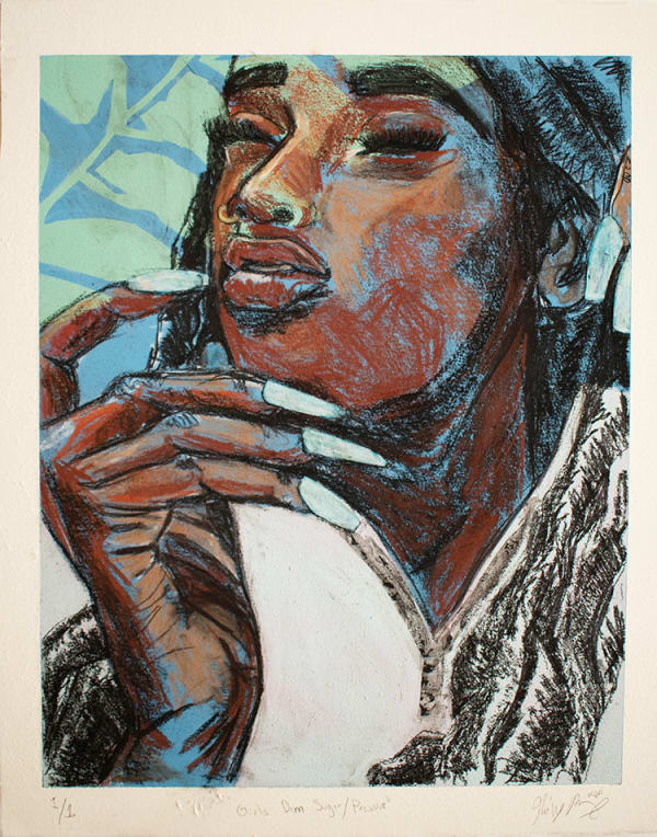 Na'ye Perez Girls Dem Sugar/Pressure, 2021 Charcoal, conte, chalk, spray paint, gel transfer, rice paper on paper mounted wood panel 20 x 16 inches 50.8 x 40.6 cms