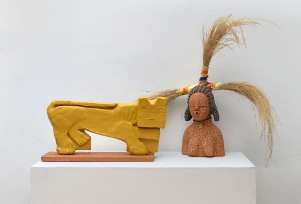 Meron Engida Hawke Lemlem and Anbessa, 2023 Fired terra cotta clay, teff grass, with 18k gold over brass Aksumite Kingdom coin various
