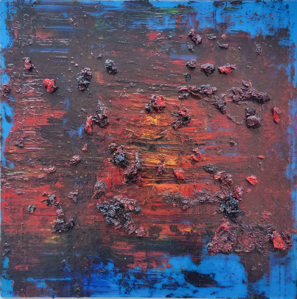 Abstract painting with heavy texture featuring electric blue, black, red and yellow