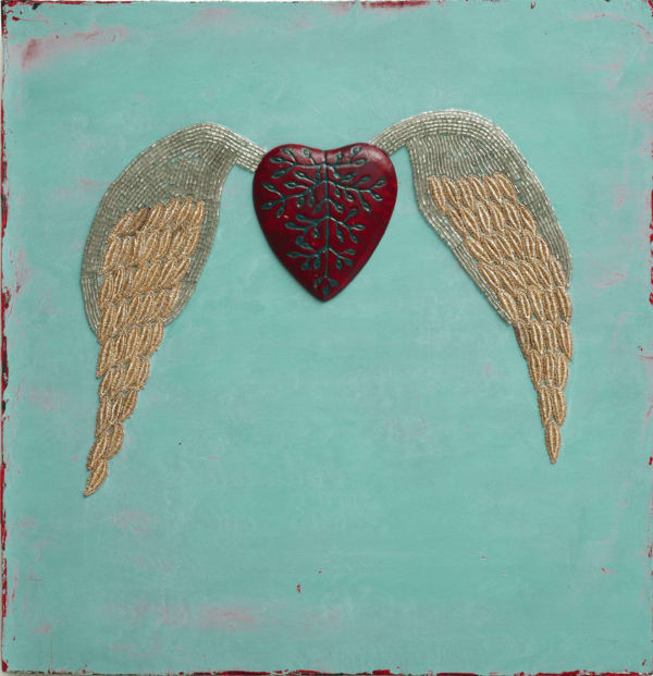 Esperanza Cortés CORAZÓN VOLANTE, 2022 Ceramic sculpture, vintage glass beas, embroidery, encaustic on wood 14.5 h x 14 w x 2 d inches 36.8 h x 35.6 w x 5.1 d cms